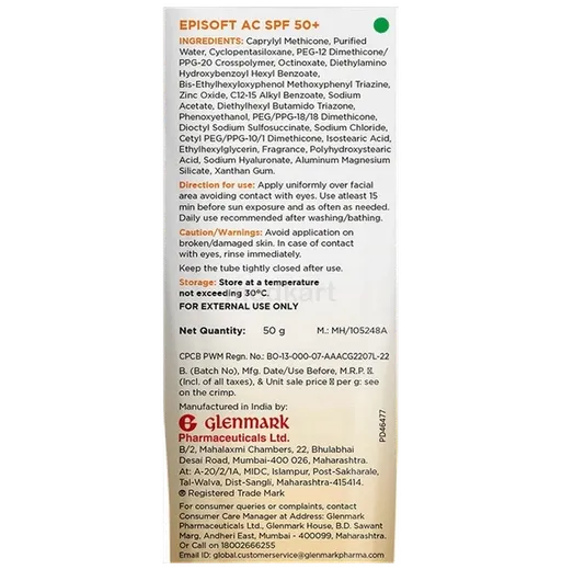 episoft ac spf 50 plus hydrating sunscreen 50 gm